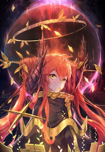Anime picture 800x1160 with original hxxg single tall image fringe twintails yellow eyes looking away red hair very long hair horn (horns) hair bun (hair buns) glowing girl petals halo cloak branch planet