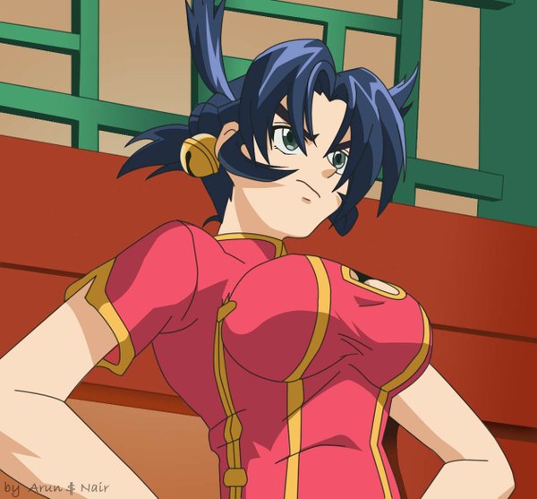 Anime picture 1257x1168 with history's strongest disciple kenichi ma renka arun & nair single short hair breasts light erotic large breasts green eyes blue hair chinese clothes hands on hips girl bell chinese dress