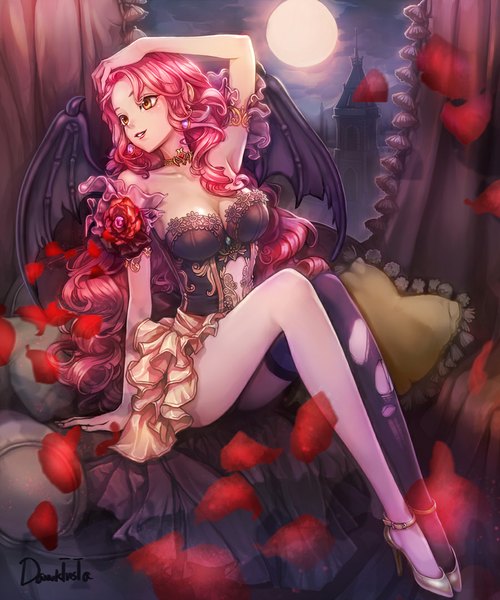 Anime picture 900x1080 with original dawkinsia single long hair tall image light erotic yellow eyes pink hair night wavy hair girl thighhighs dress flower (flowers) black thighhighs petals wings pillow moon single thighhigh