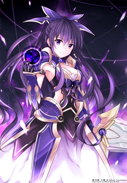 Anime picture 1200x1726 with date a live yatogami tooka mmrailgun single long hair tall image purple eyes purple hair half updo girl dress weapon sword energy ball