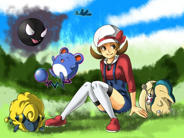 Anime picture 1024x768 with pokemon pokemon heartgold and soulsilver nintendo lyra (pokemon) cyndaquil gastly marill ho-oh mareep smile brown hair sitting twintails brown eyes short twintails gen 1 pokemon gen 2 pokemon girl thighhighs bow