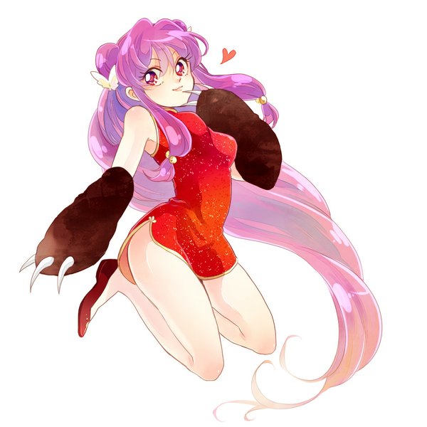 Anime picture 1000x1000 with ranma 1/2 shampoo (ranma 1/2) tsuntsun (tuuuuuuntun) single long hair simple background white background purple eyes bare shoulders looking away purple hair chinese clothes jumping girl chinese dress