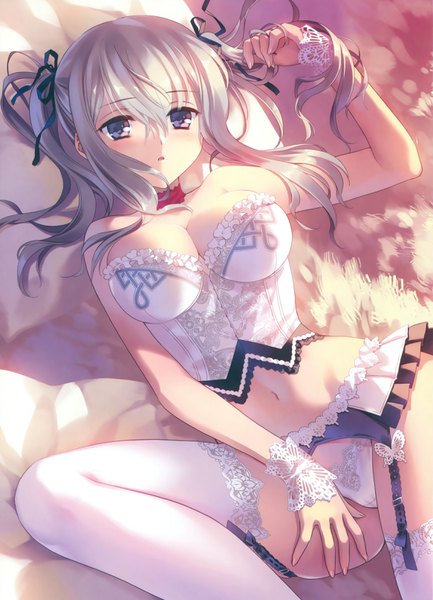 Anime picture 2332x3232 with kantai collection kashima training cruiser carnelian single long hair tall image looking at viewer blush highres breasts blue eyes light erotic grey hair scan girl thighhighs navel underwear panties ribbon (ribbons)