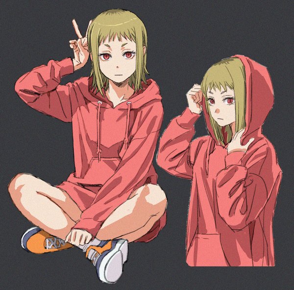 Anime-Bild 1095x1078 mit chainsaw man mappa sawatari akane (chainsaw man) shiren (ourboy83) looking at viewer short hair simple background blonde hair red eyes sitting black background victory multiview slit pupils expressionless indian style girl shoes hood hoodie