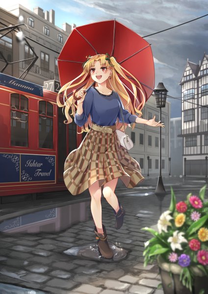 Anime picture 900x1273 with fate (series) fate/grand order ereshkigal (fate) nakaga eri single long hair tall image blush fringe open mouth blonde hair smile red eyes standing holding looking away sky cloud (clouds) full body outdoors