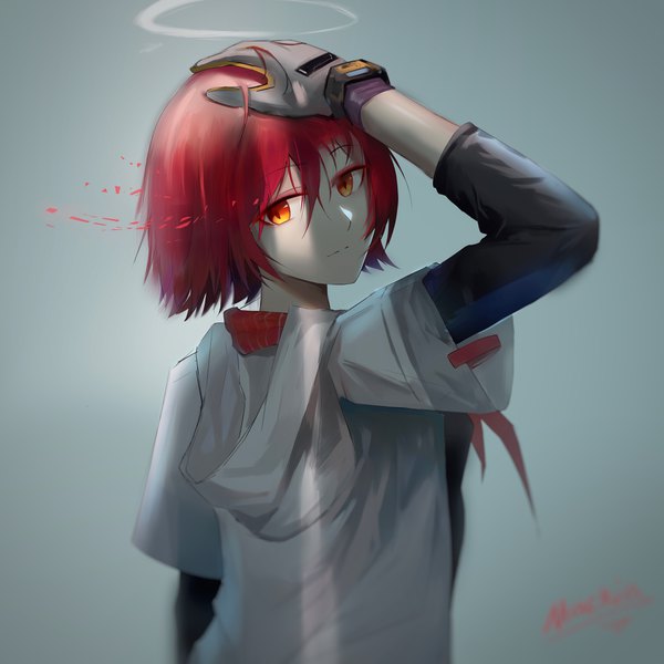 Anime picture 4000x4000 with arknights exusiai (arknights) mackia single looking at viewer fringe highres short hair hair between eyes absurdres upper body red hair grey background orange eyes shaded face hand on head girl gloves hood halo
