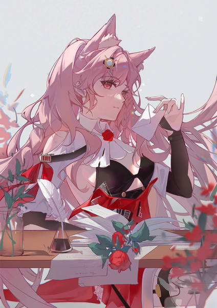 Anime picture 2400x3400 with arknights pozyomka (arknights) amukeer single long hair tall image highres bare shoulders animal ears pink hair braid (braids) pink eyes extra ears girl flower (flowers) rose (roses) book (books) feather (feathers) red rose envelope