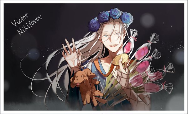 Anime picture 1145x700 with yuri!!! on ice mappa viktor nikiforov makkachin hz (pixiv495788) single long hair looking at viewer open mouth blue eyes wide image white hair ponytail character names black background portrait framed alternate age waving younger