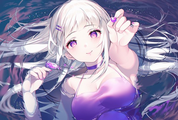 Anime picture 1500x1017 with original kinty single long hair looking at viewer blush fringe breasts smile purple eyes bare shoulders holding cleavage silver hair upper body lying blunt bangs nail polish arm up fingernails