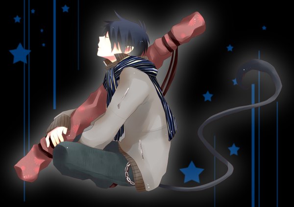 Anime picture 3035x2149 with ao no exorcist a-1 pictures okumura rin single highres short hair black hair sitting absurdres tail eyes closed pointy ears boy jacket scarf star (stars) chain