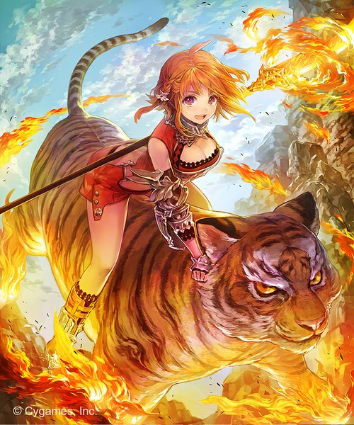 Anime picture 750x900 with shingeki no bahamut hakou (barasensou) single tall image fringe short hair breasts open mouth red eyes holding sky cleavage cloud (clouds) braid (braids) from above orange hair teeth side braid riding girl