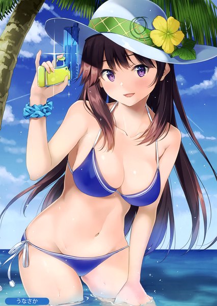Anime picture 2099x2958 with melonbooks unasaka ryou single long hair tall image looking at viewer blush fringe highres breasts open mouth light erotic smile brown hair large breasts purple eyes bare shoulders holding signed sky