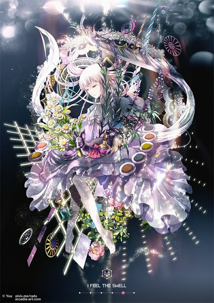 Anime picture 800x1131 with original yuu (arcadia) single long hair tall image blue eyes looking away white hair dark background girl dress flower (flowers) plant (plants) animal wings