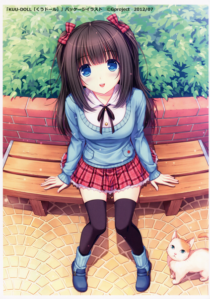 Anime picture 2122x3009 with sayori single long hair tall image looking at viewer blush highres open mouth blue eyes black hair sitting scan girl thighhighs skirt bow black thighhighs hair bow animal shoes