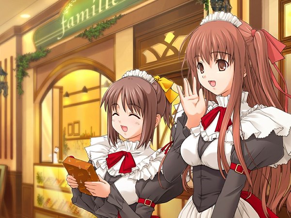 Anime picture 1024x768 with parfait chocolat second brew brown hair multiple girls brown eyes game cg maid girl 2 girls