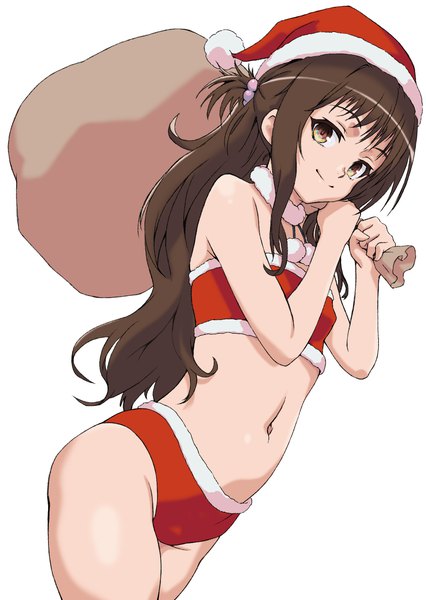 Anime picture 1240x1748 with toloveru toloveru darkness xebec yuuki mikan arad baranga single long hair tall image looking at viewer light erotic simple background smile brown hair white background brown eyes fur trim flat chest christmas girl navel