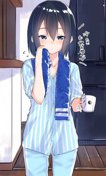 Anime picture 600x1000 with original suzunari shizuku yuki arare single tall image looking at viewer blush fringe short hair blue eyes black hair hair between eyes standing holding indoors short sleeves striped towel around neck sleepy girl