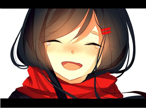 Anime picture 1764x1300 with kagerou project shaft (studio) tateyama ayano enje (pixiv3289887) single long hair blush fringe highres open mouth black hair simple background white background eyes closed tears happy letterboxed crying girl hair ornament