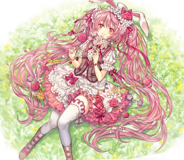 Anime picture 1632x1425 with original madogawa single looking at viewer fringe smile red eyes twintails animal ears pink hair bent knee (knees) lying braid (braids) very long hair hair flower from above bunny ears single braid girl thighhighs