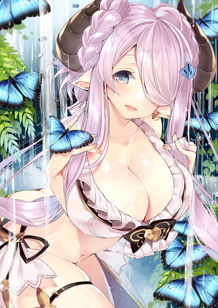 Anime picture 723x1023 with granblue fantasy narmaya (granblue fantasy) narmaya (summer) (granblue fantasy) 218 single long hair tall image looking at viewer blush fringe breasts open mouth light erotic smile large breasts bare shoulders pink hair braid (braids) horn (horns) fingernails