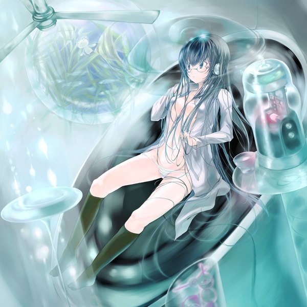 Anime picture 2125x2125 with tsuzuri (itosousou) single long hair highres breasts blue eyes light erotic black hair open clothes open shirt girl underwear panties socks glasses headphones black socks fan