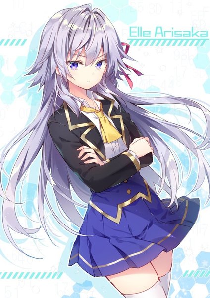 Anime picture 636x900 with shinomiya kouta wa mada shinenai: border of the dead arisaka elle riichu single long hair tall image looking at viewer blush fringe simple background hair between eyes standing purple eyes payot silver hair long sleeves pleated skirt open clothes zettai ryouiki character names