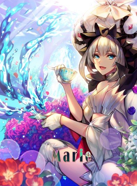 Anime picture 886x1200 with fate (series) fate/grand order marie antoinette (fate/grand order) eu (euspia) single tall image looking at viewer short hair open mouth blue eyes sitting silver hair sparkle character names pinky out girl gloves flower (flowers) hat water