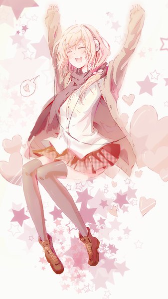 Anime picture 2000x3557 with original pudding (8008208820) single long hair tall image blush highres open mouth blonde hair smile eyes closed flying music girl thighhighs black thighhighs heart headphones star (symbol) speech bubble