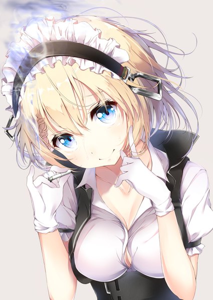 Anime picture 2508x3541 with girls frontline g36 (girls frontline) katsuya 228 single tall image looking at viewer blush fringe highres short hair breasts blue eyes light erotic simple background blonde hair smile hair between eyes large breasts holding payot