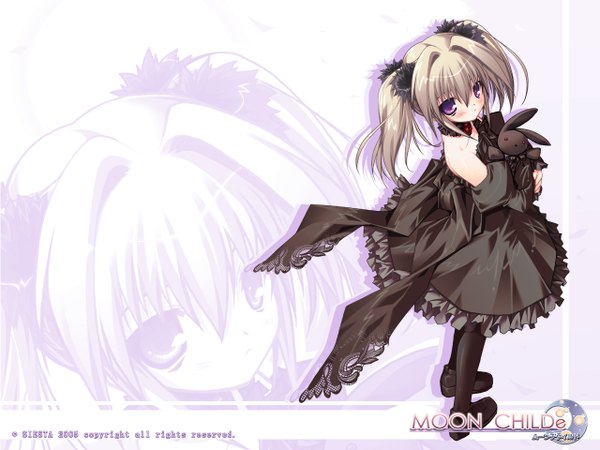 Anime picture 1280x960 with moon childe siesta (studio) rinne single long hair looking at viewer blush blonde hair twintails purple eyes silver hair from above wallpaper lolita fashion zoom layer goth-loli gothic girl thighhighs dress