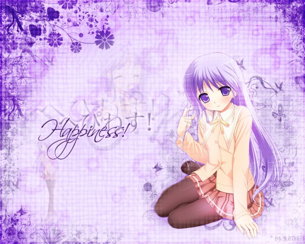 Anime picture 1280x1024 with happiness watarase jun single long hair looking at viewer blush fringe sitting purple eyes purple hair full body long sleeves head tilt arm up light smile inscription no shoes otoko no ko playing with hair hair twirling