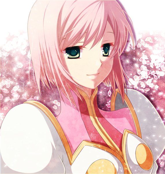 Anime picture 1069x1124 with tales of (series) tales of vesperia estellise sidos heurassein ayamisiro single tall image short hair green eyes pink hair light smile portrait pink background face girl