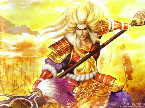 Anime picture 1024x768 with sengoku musou keiji maeda (samurai warriors) single long hair blonde hair signed grin warrior samurai boy weapon armor spear sasumata