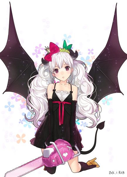 Anime-Bild 794x1100 mit original ama mitsuki single long hair tall image looking at viewer purple eyes white hair tail horn (horns) girl dress gloves bow hair bow wings black gloves elbow gloves chainsaw