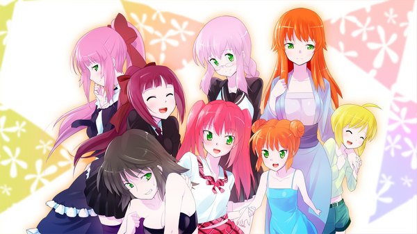 Anime picture 1024x576 with original zpolice long hair blonde hair brown hair wide image pink hair red hair orange hair everyone glasses
