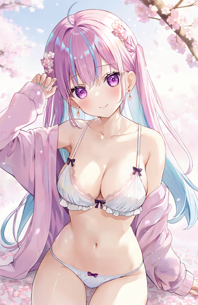 Anime picture 1370x2112 with virtual youtuber hololive minato aqua aria (ariacue) single long hair tall image looking at viewer blush fringe breasts light erotic smile large breasts sitting purple eyes sky ahoge nail polish multicolored hair