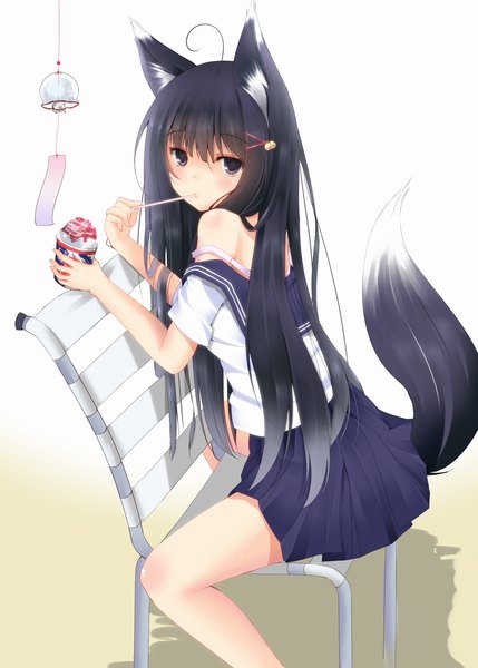 Anime picture 800x1119 with original second heaven single long hair tall image looking at viewer blush light erotic black hair simple background white background sitting bare shoulders holding animal ears ahoge bent knee (knees) tail animal tail looking back