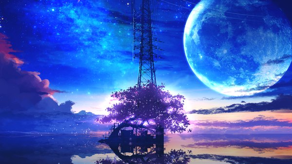 Anime picture 1920x1080 with original smile (qd4nsvik) highres wide image cloud (clouds) sunlight night night sky reflection no people scenic morning sunrise plant (plants) petals tree (trees) water sea moon star (stars)