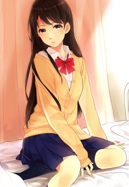 Anime picture 900x1300 with original karuha single long hair tall image looking at viewer black hair purple eyes girl skirt uniform school uniform sweater