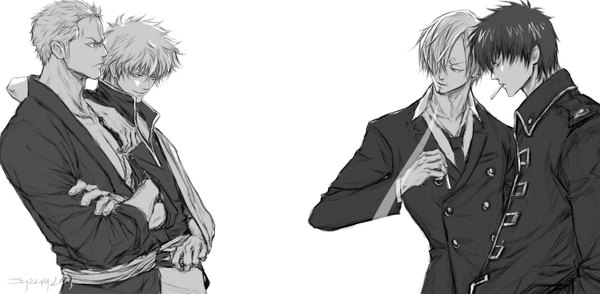 Anime picture 1652x812 with one piece gintama sunrise (studio) toei animation sakata gintoki roronoa zoro sanji hijikata toshiro zzyzzyy short hair black hair simple background wide image white background signed grey hair multiple boys grey eyes monochrome group