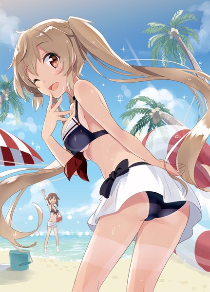 Anime picture 1323x1839 with kantai collection murasame destroyer shiratsuyu destroyer gotyou ayuyanaka no hito long hair tall image looking at viewer fringe short hair open mouth light erotic blonde hair brown hair standing twintails bare shoulders multiple girls holding brown eyes