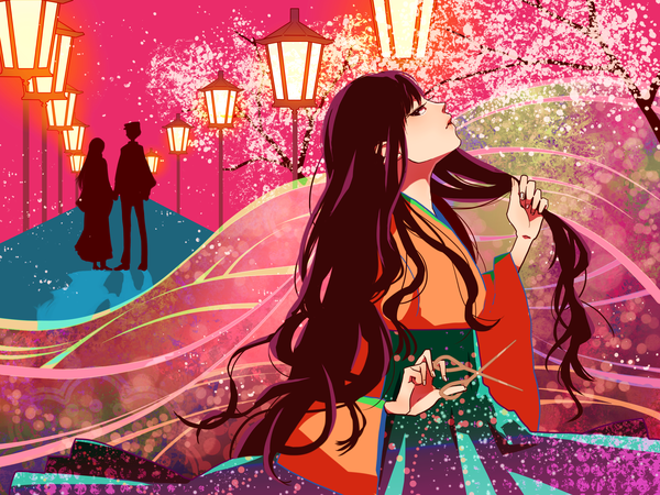 Anime picture 3072x2304 with 778-go long hair looking at viewer highres black hair multiple girls holding absurdres japanese clothes lips black eyes shadow couple lipstick girl thighhighs boy black thighhighs 2 girls kimono