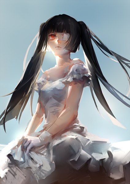 Anime picture 800x1131 with original moss (2225028) single long hair tall image looking at viewer fringe black hair red eyes standing twintails sunlight from below girl dress gloves white gloves white dress eyepatch