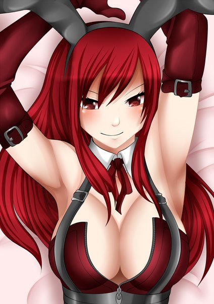 Anime picture 1024x1449 with fairy tail erza scarlet mmdlucyextend single long hair tall image blush breasts light erotic smile large breasts brown eyes animal ears red hair arms up armpit (armpits) bunny ears coloring girl gloves