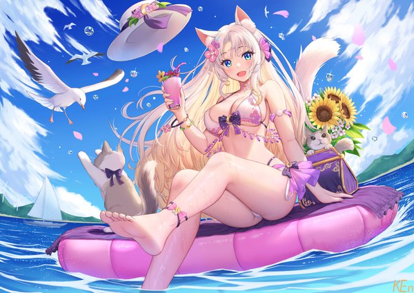 Anime picture 4093x2894 with virtual youtuber indie virtual youtuber qiuyue ying'er ken-san single long hair looking at viewer blush fringe highres breasts open mouth blue eyes light erotic blonde hair smile large breasts sitting holding signed