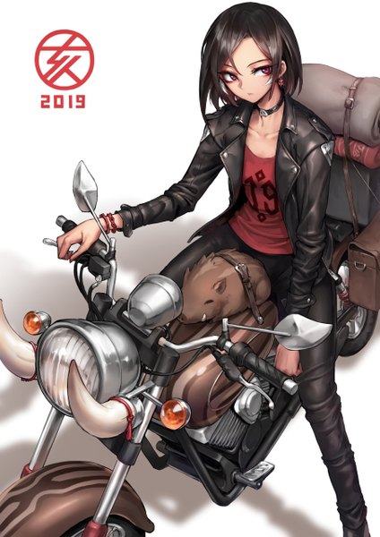 Anime picture 904x1280 with original oopartz (grooooovy) single tall image looking at viewer fringe short hair black hair simple background red eyes white background sitting open jacket shadow 2019 zodiac leather chinese zodiac girl earrings
