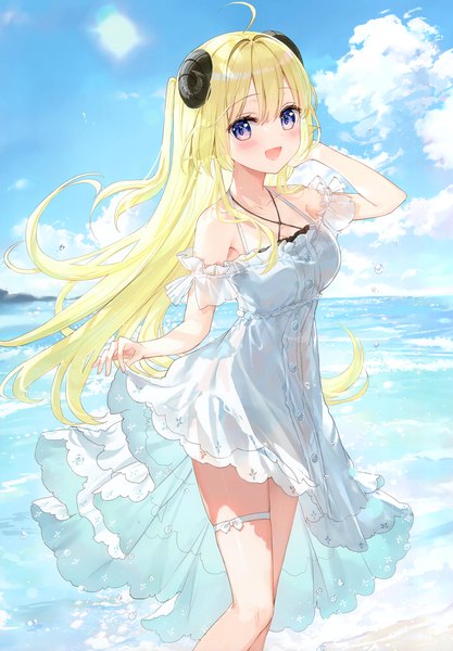 Anime picture 2406x3464 with virtual youtuber hololive tsunomaki watame fuumi (radial engine) single long hair tall image looking at viewer blush fringe highres open mouth blue eyes blonde hair hair between eyes standing animal ears payot sky cloud (clouds)