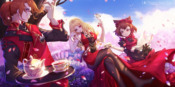 Anime picture 2400x1200 with original feiyu guantou you duo xian long hair looking at viewer fringe highres short hair open mouth blonde hair red eyes brown hair wide image standing sitting purple eyes bare shoulders multiple girls holding signed animal ears
