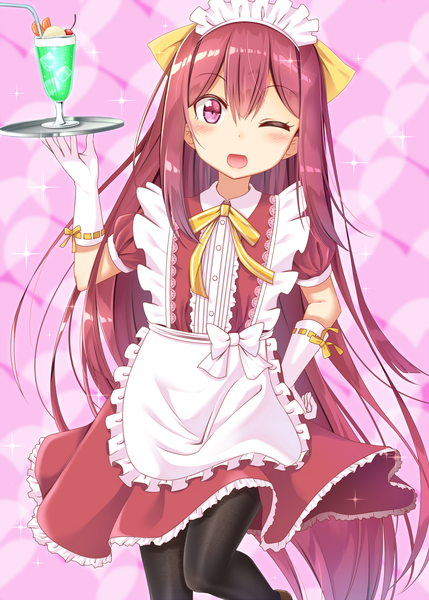 Anime picture 1300x1818 with kantai collection kamikaze destroyer gurande (g-size) single tall image looking at viewer open mouth brown hair standing very long hair one eye closed pink eyes maid alternate costume standing on one leg ;d girl dress gloves uniform