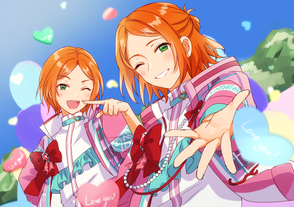 Anime picture 1684x1191 with ensemble stars! aoi hinata aoi yuuta niwa (niwabox) looking at viewer short hair open mouth smile green eyes one eye closed wink orange hair multiple boys grin text english ;d siblings outstretched hand twins